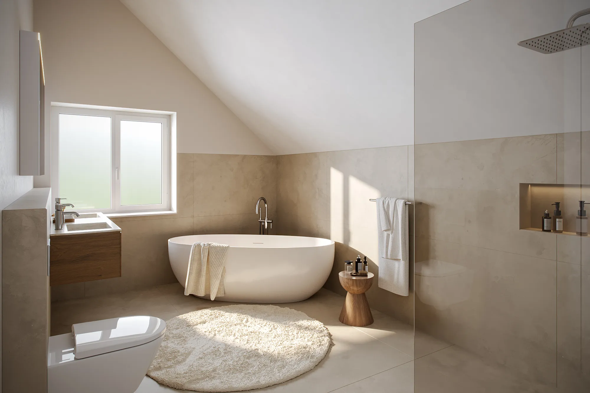 Badezimmer mit freistehender Wanne